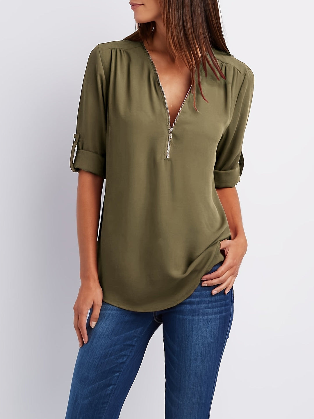 Ariana | Sleek Zip-Front V-Neck Blouse