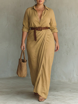 Long Maxi Dress with Notched Collar and Long Sleeves for Women