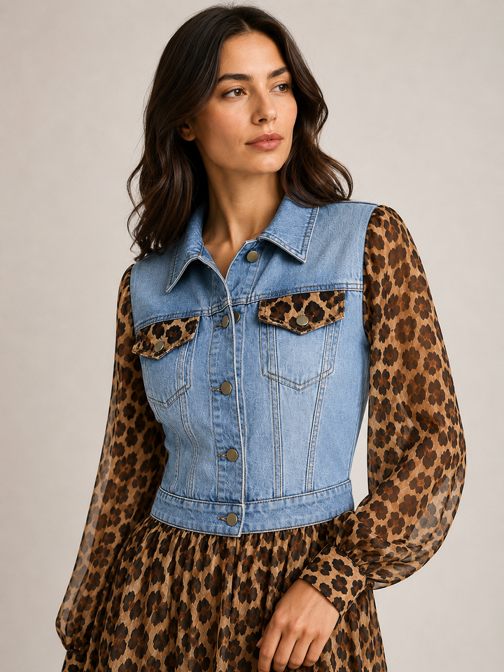 Milan Denim Bodice Leopard Dress