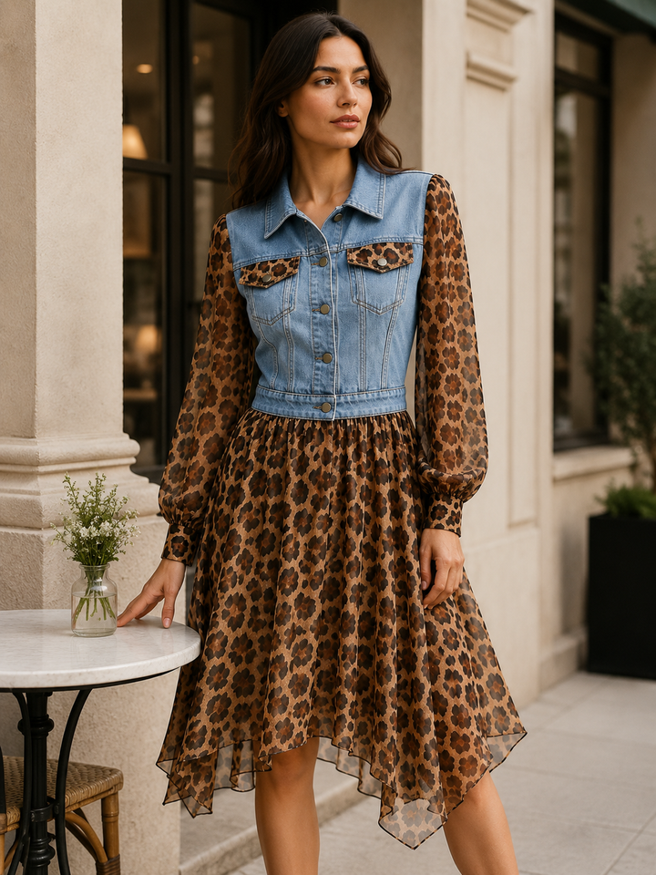 Milan Denim Bodice Leopard Dress