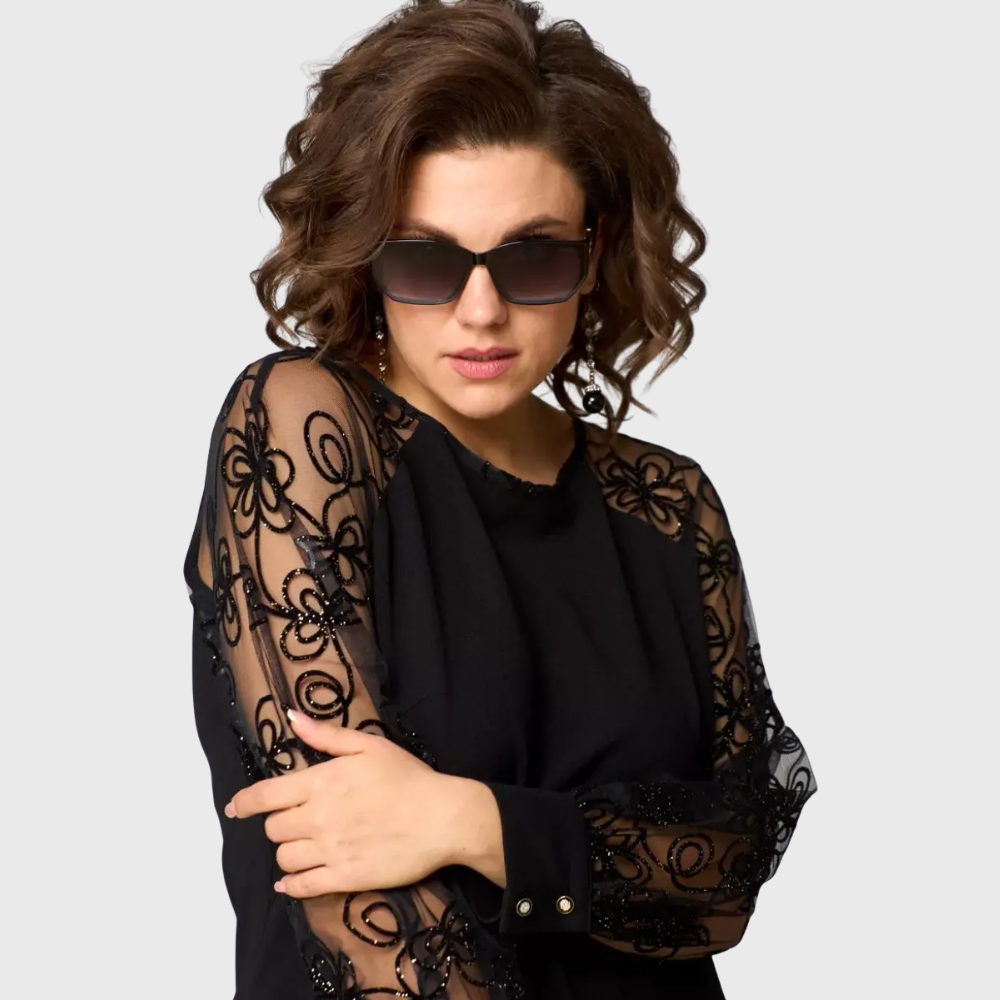 Lauren™ Elegant Black Lace Sleeve Midi Dress
