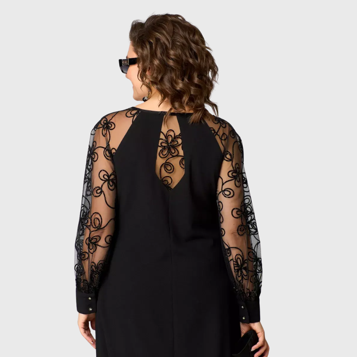 Lauren™ Elegant Black Lace Sleeve Midi Dress