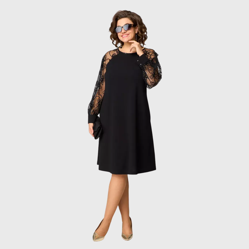 Lauren™ Elegant Black Lace Sleeve Midi Dress