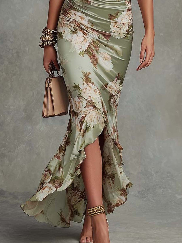 Iselle | Anastasia Floral Satin Midi Dress