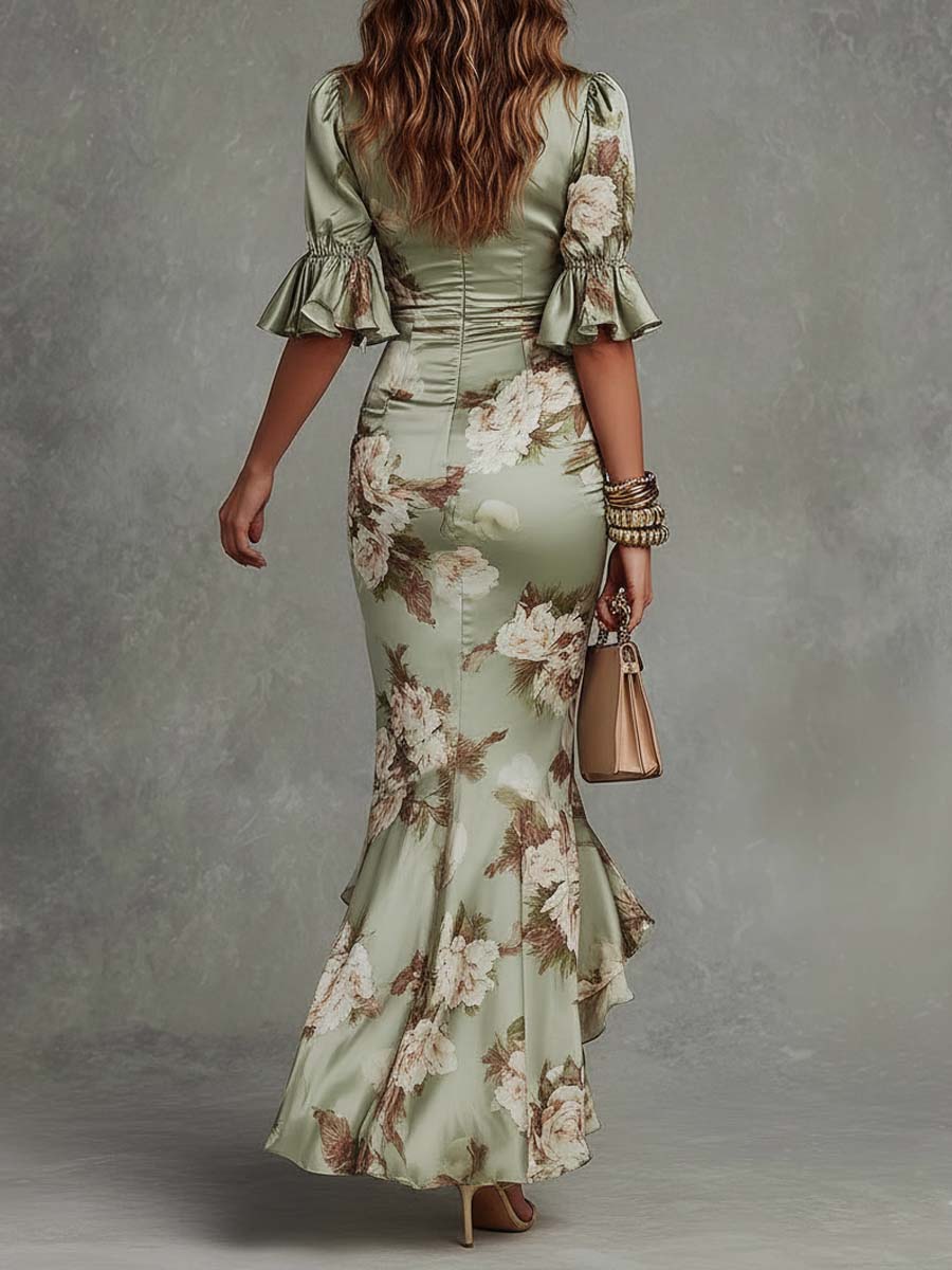 Iselle | Anastasia Floral Satin Midi Dress