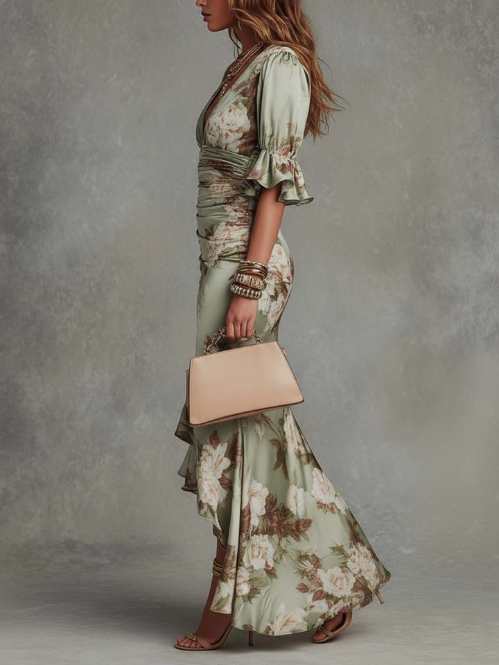 Iselle | Anastasia Floral Satin Midi Dress