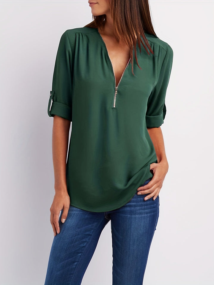 Ariana | Sleek Zip-Front V-Neck Blouse